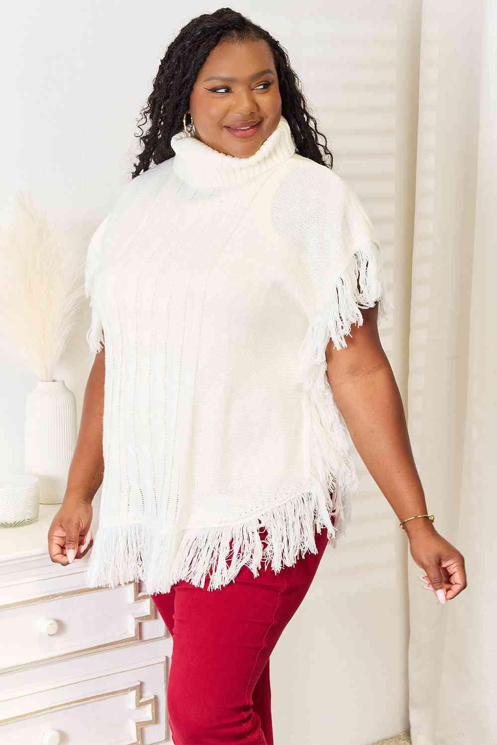 Hallie Turtle Neck Fringe Poncho in Ivory