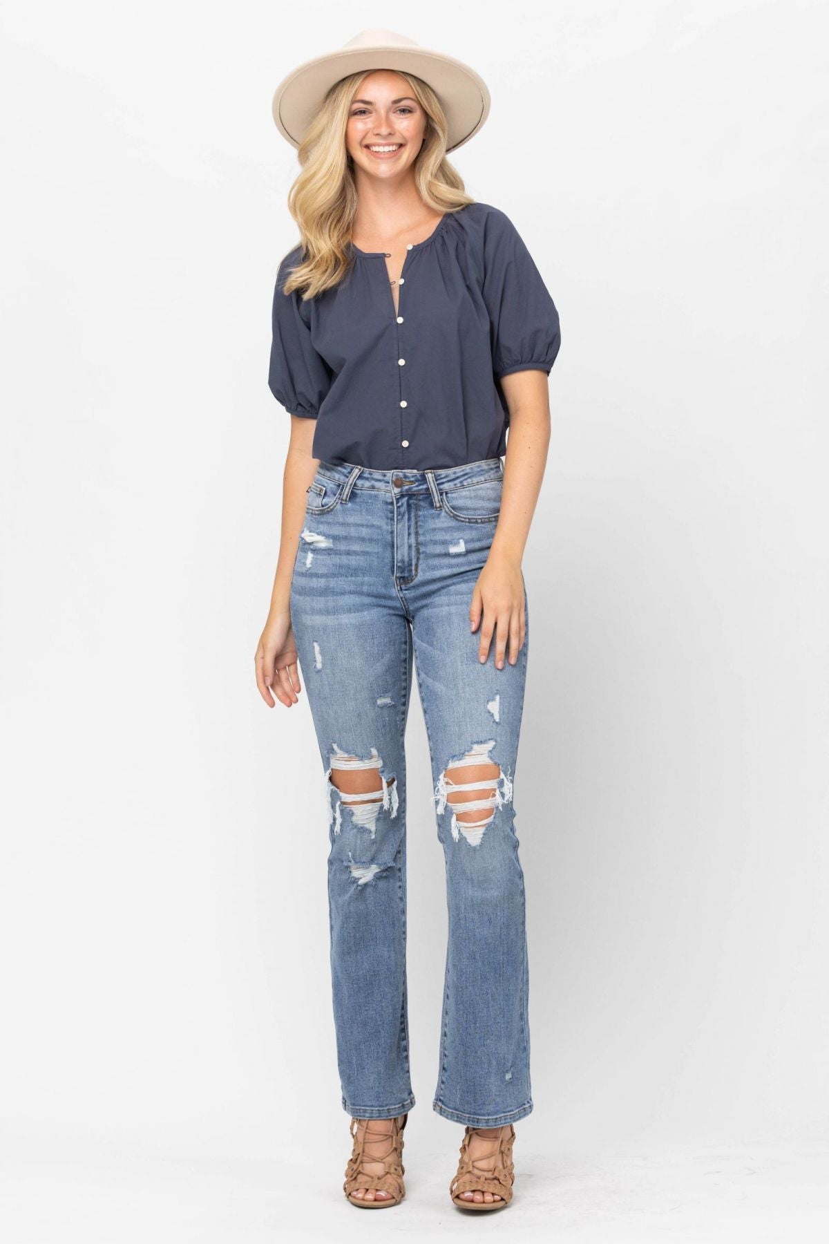 Stone High Waist Destroyed Bootcut Jeans