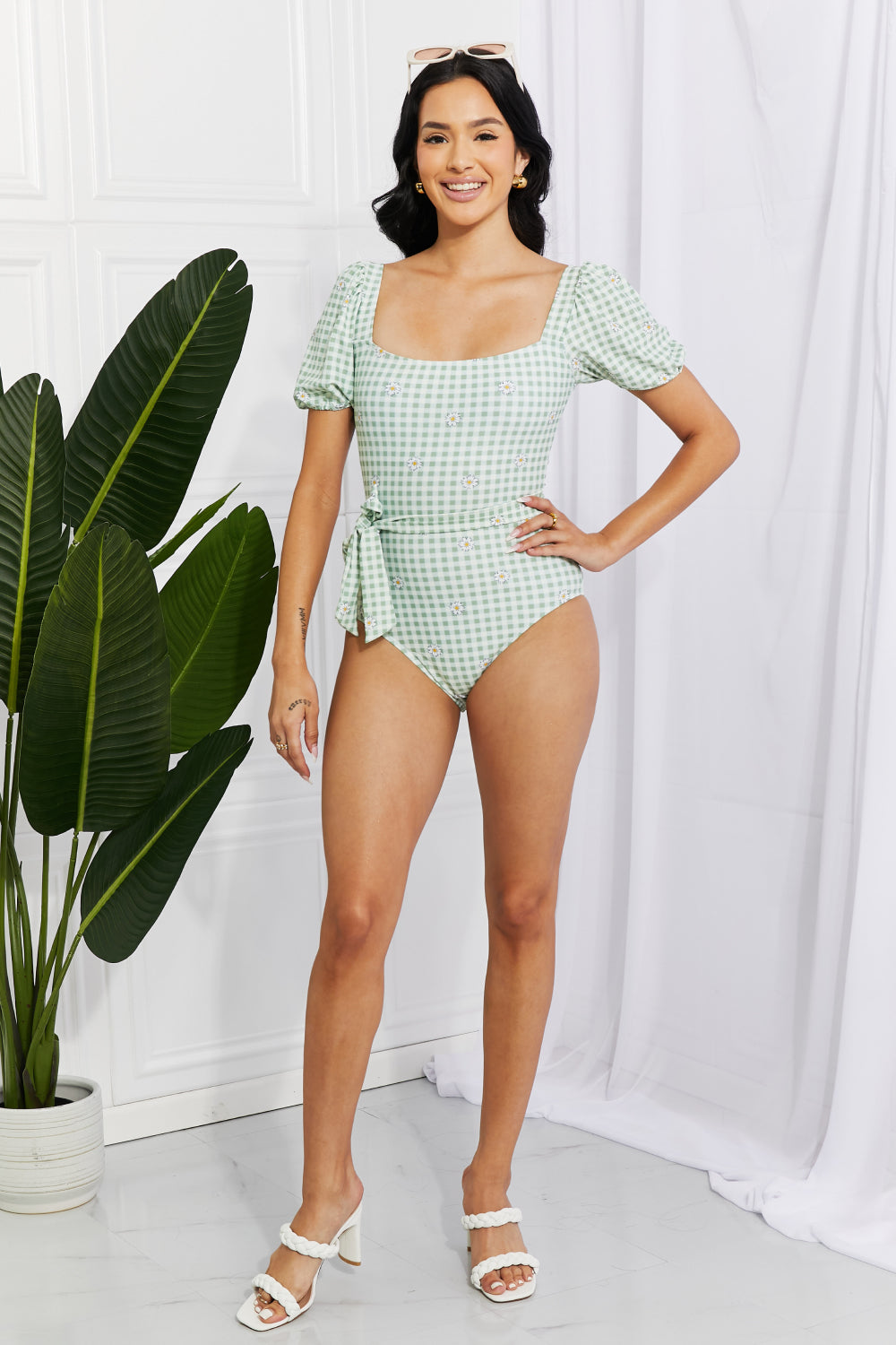 Salty Air Puff Sleeve One-Piece in Sage