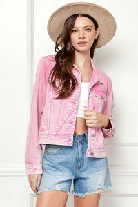 Beatrix Cropped Denim Jacket in Pink