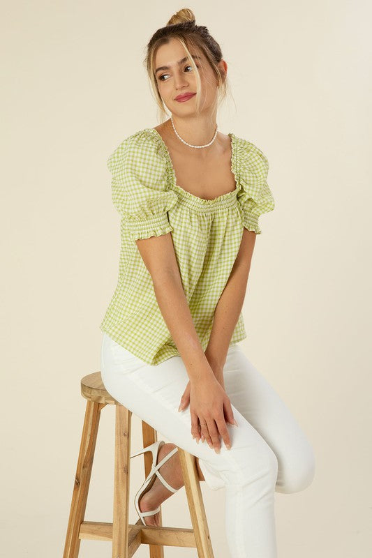 Gingham Style Puff Sleeve Blouse in Green