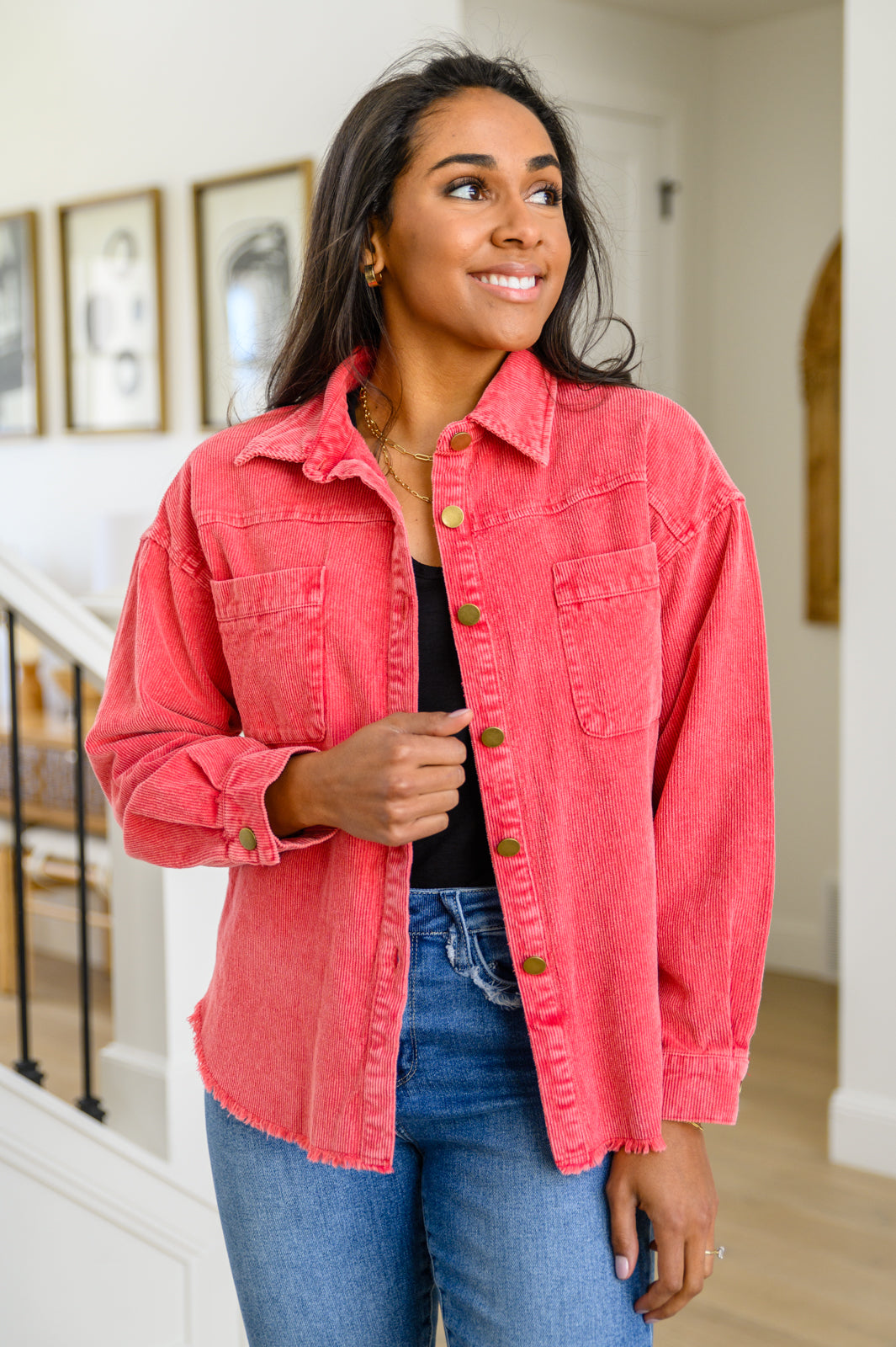 So Into You Corduroy Button Up Shacket in Red