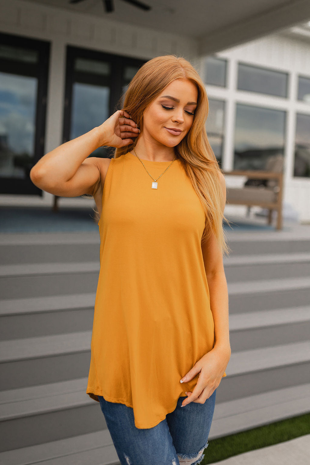From Summer to Fall Hi-Low Sleeveless Top in Mustard