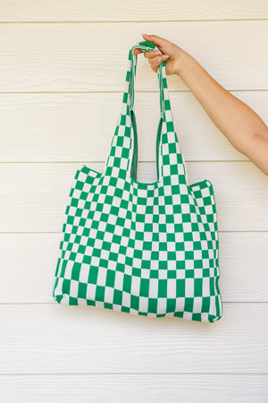 Game of Checkers Tote Bag in Green & White