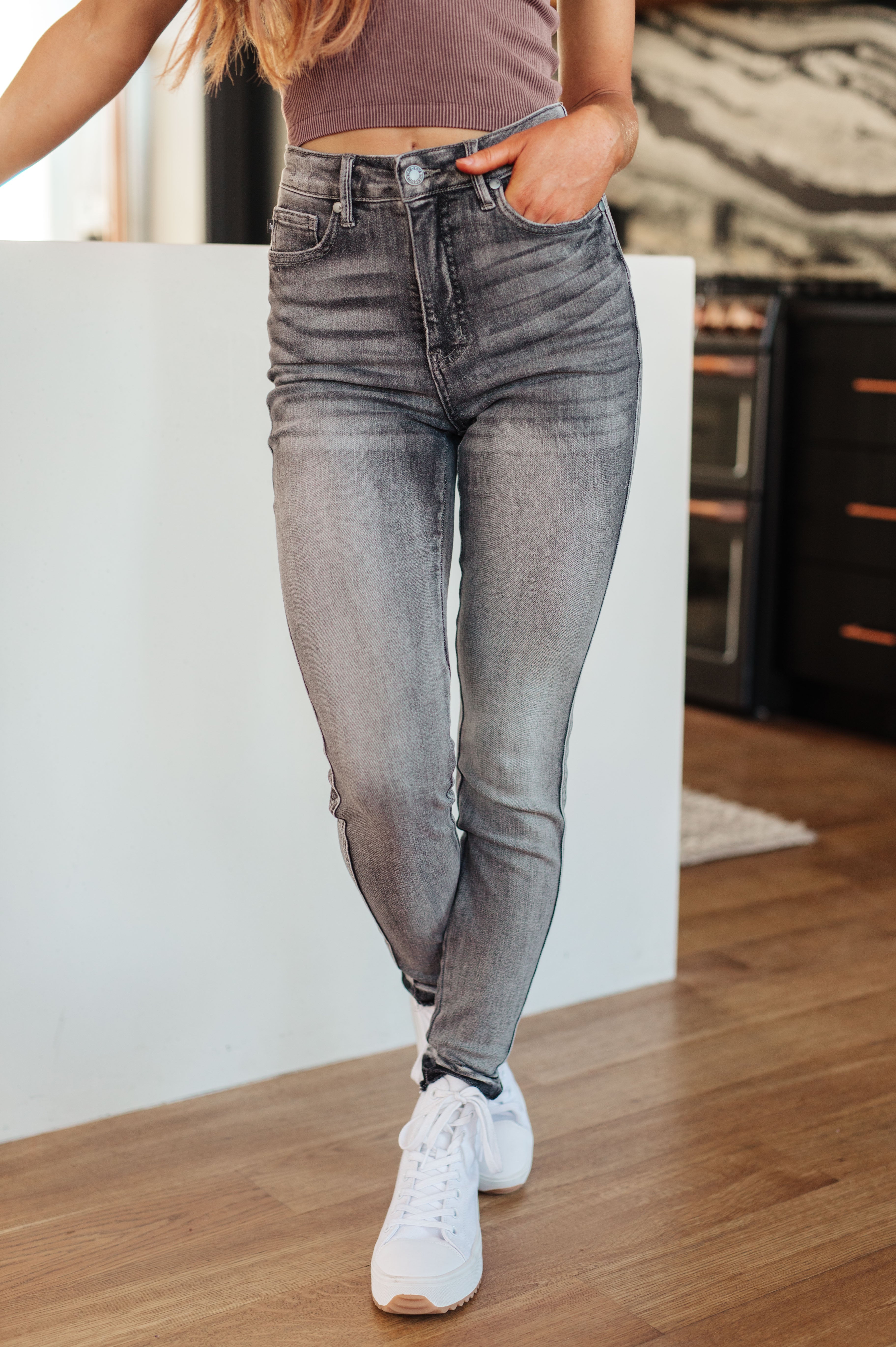 Release Me Control Top Skinny Jeans in Washed Gray