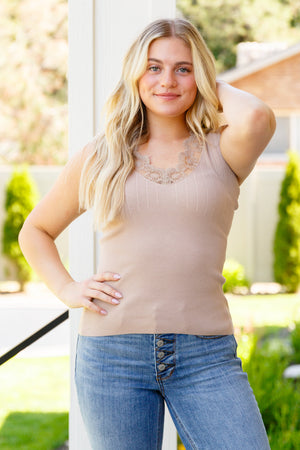 Carla Lace Trim Tank in Taupe