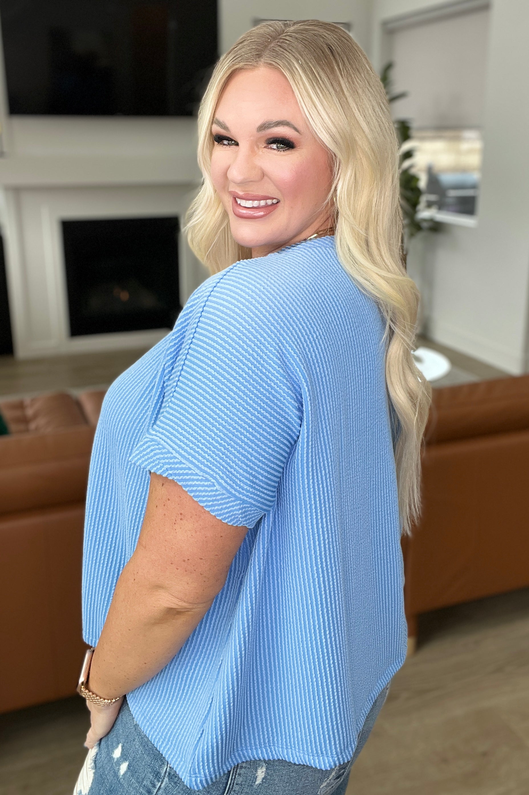 Emmy Twisted Detail Ribbed Top in Sky Blue