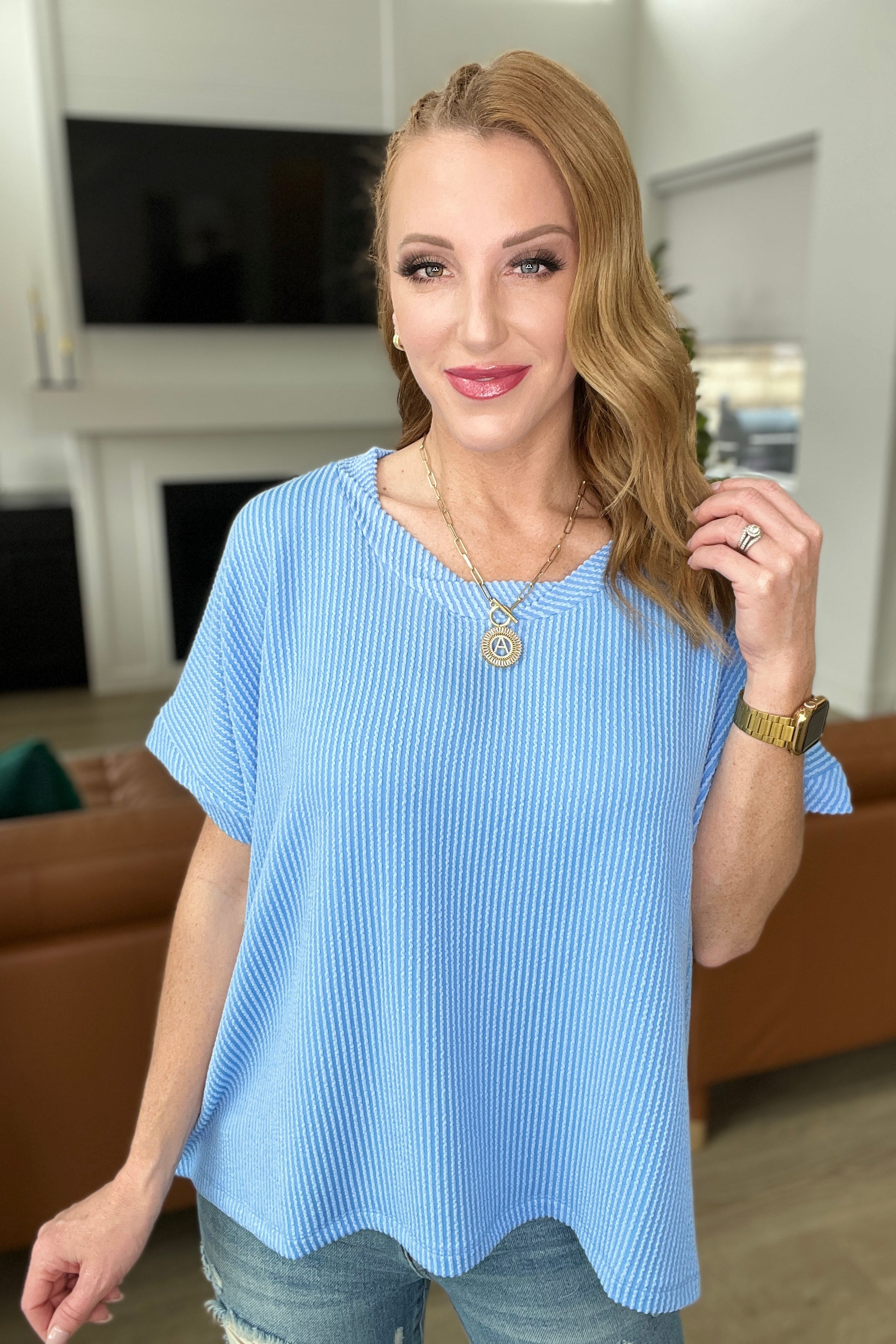 Emmy Twisted Detail Ribbed Top in Sky Blue