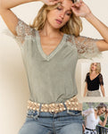 Scallop Trim Lace Top in Dried Herb, Black & Ivory