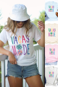 Vacay Mode Pineapple Crew Neck Tee in White, Ice Blue, Cream, Pink & Silver