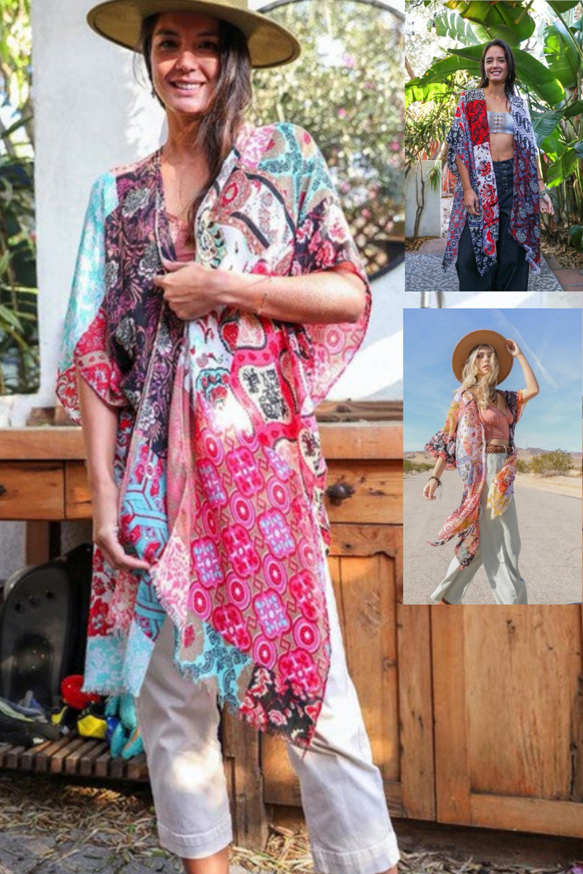 Bohemian Floral Patchwork Kimono in Mint, Red & Sky Blue