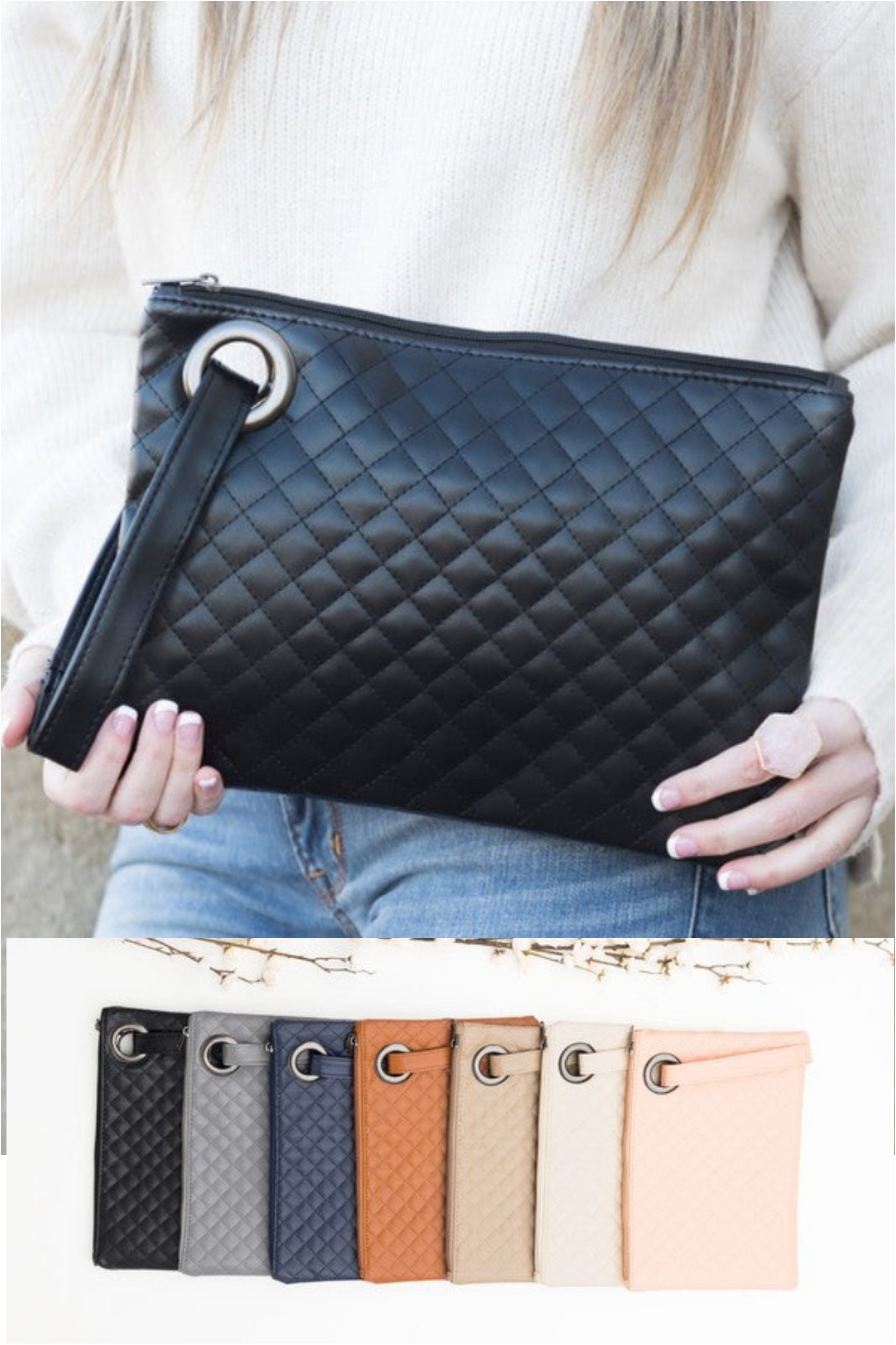 Kendall Quilted Wristlet Clutch in Black, Gray, Navy, Camel, Taupe, Bone & Blush