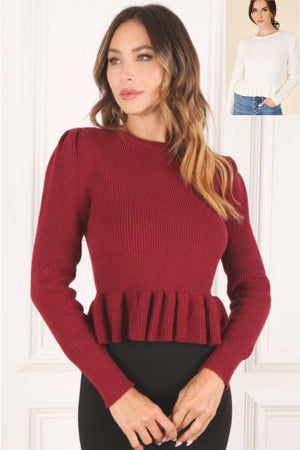 Pretty Peplum Sweater Top in Burgundy & Ivory