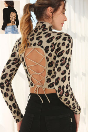 Cropped Lace Up Open Back Top in Leopard Print & Black