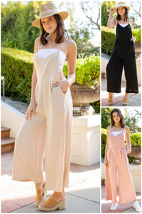 The Gypsy In Me Wide Leg Jumpsuit in Oatmeal, Black & Strawberry