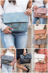 Lux Fold-Over O-ring Clutch in Slate Blue, Blush, Cognac, Bone, Black & Gray