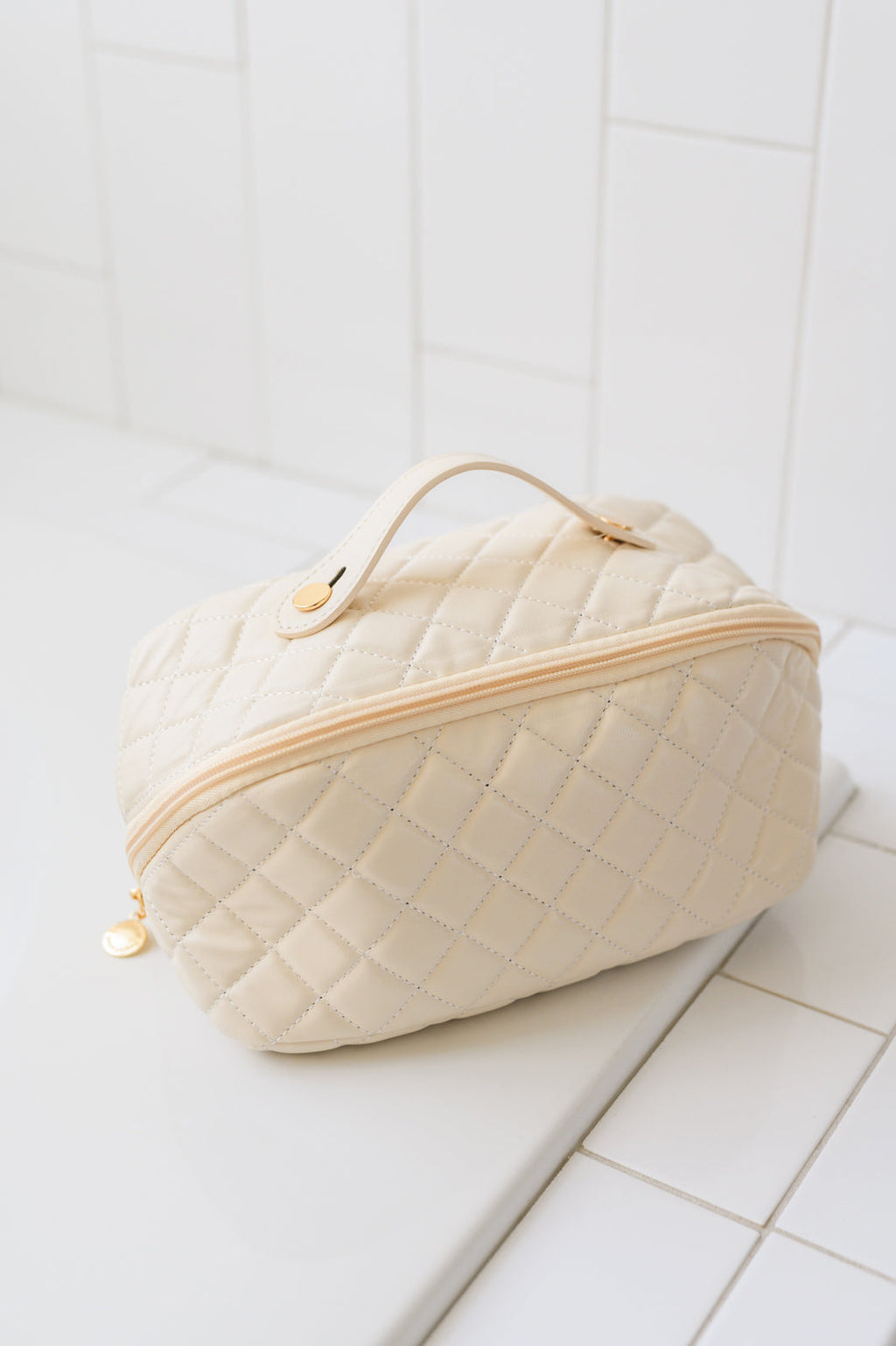 Expanding Quilted Vegan Leather Makeup Bag in Cream