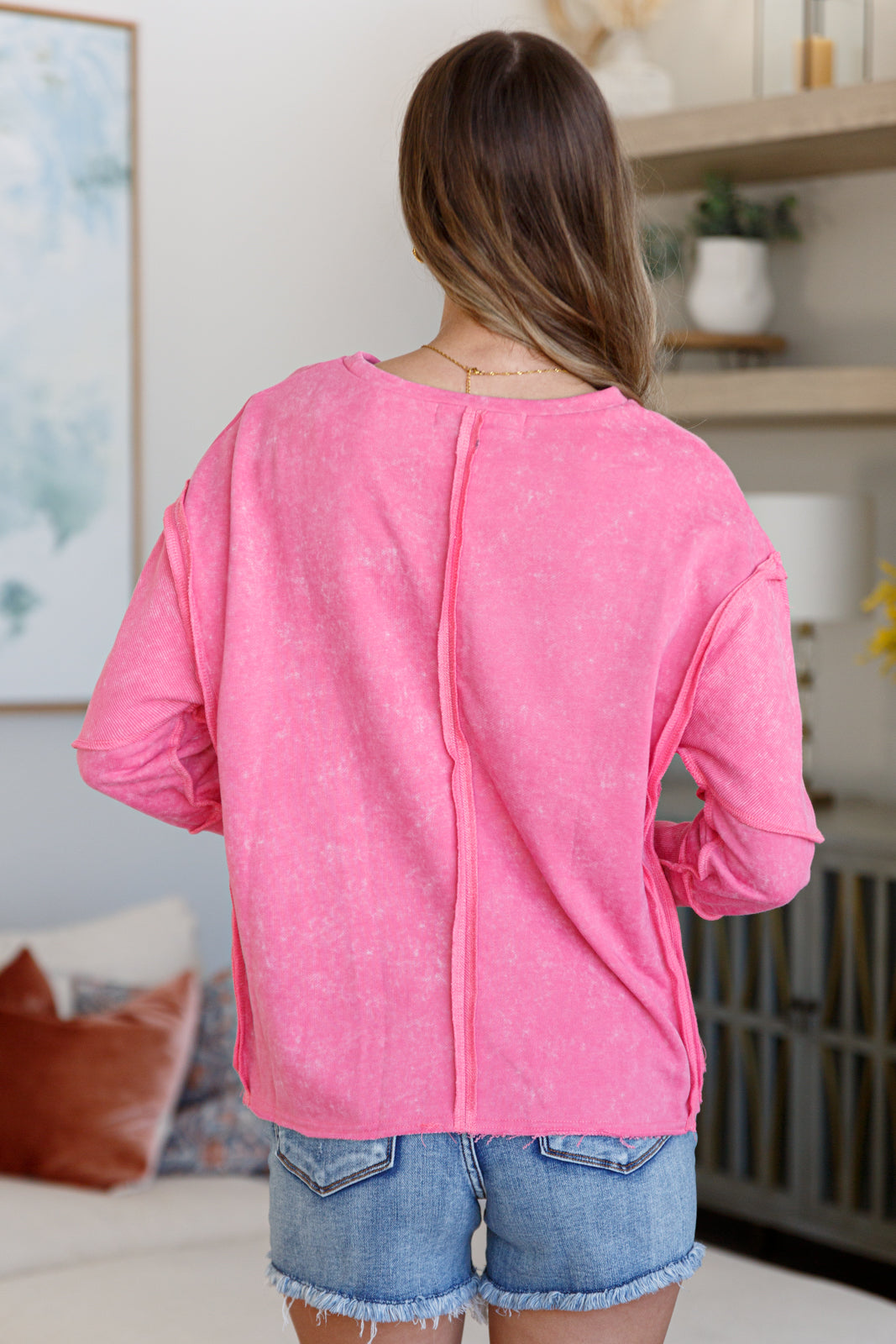 Aline Exposed Seam Long Sleeve Sweatshirt in Hot Pink