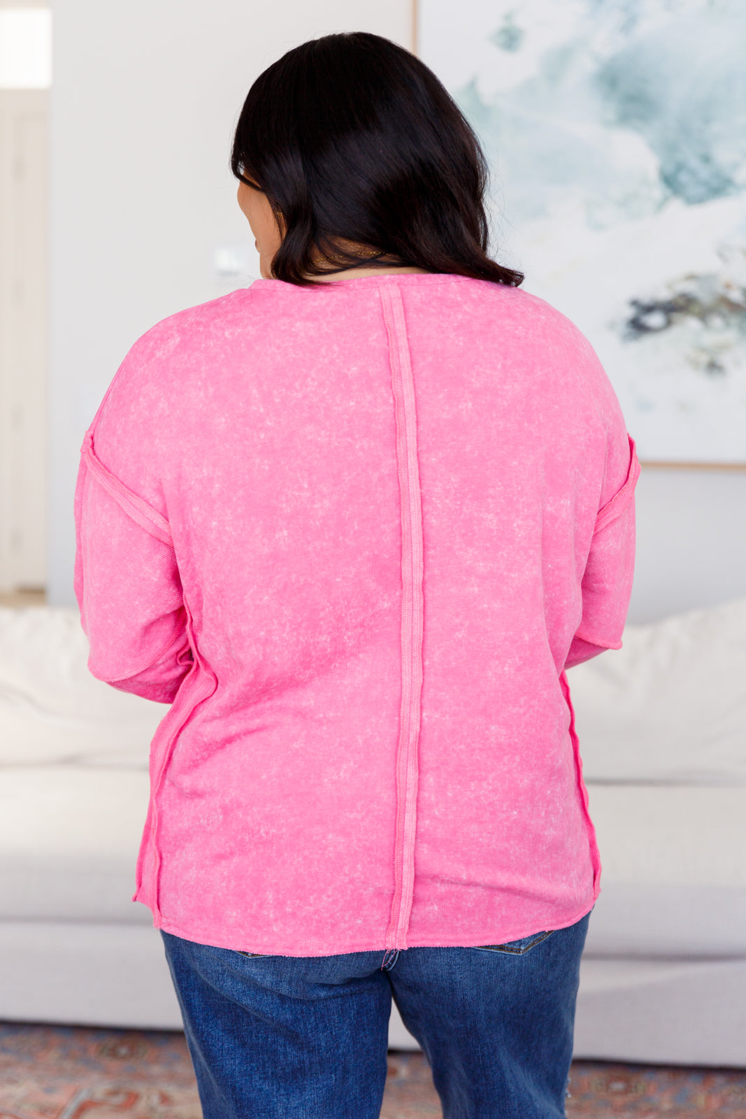 Aline Exposed Seam Long Sleeve Sweatshirt in Hot Pink