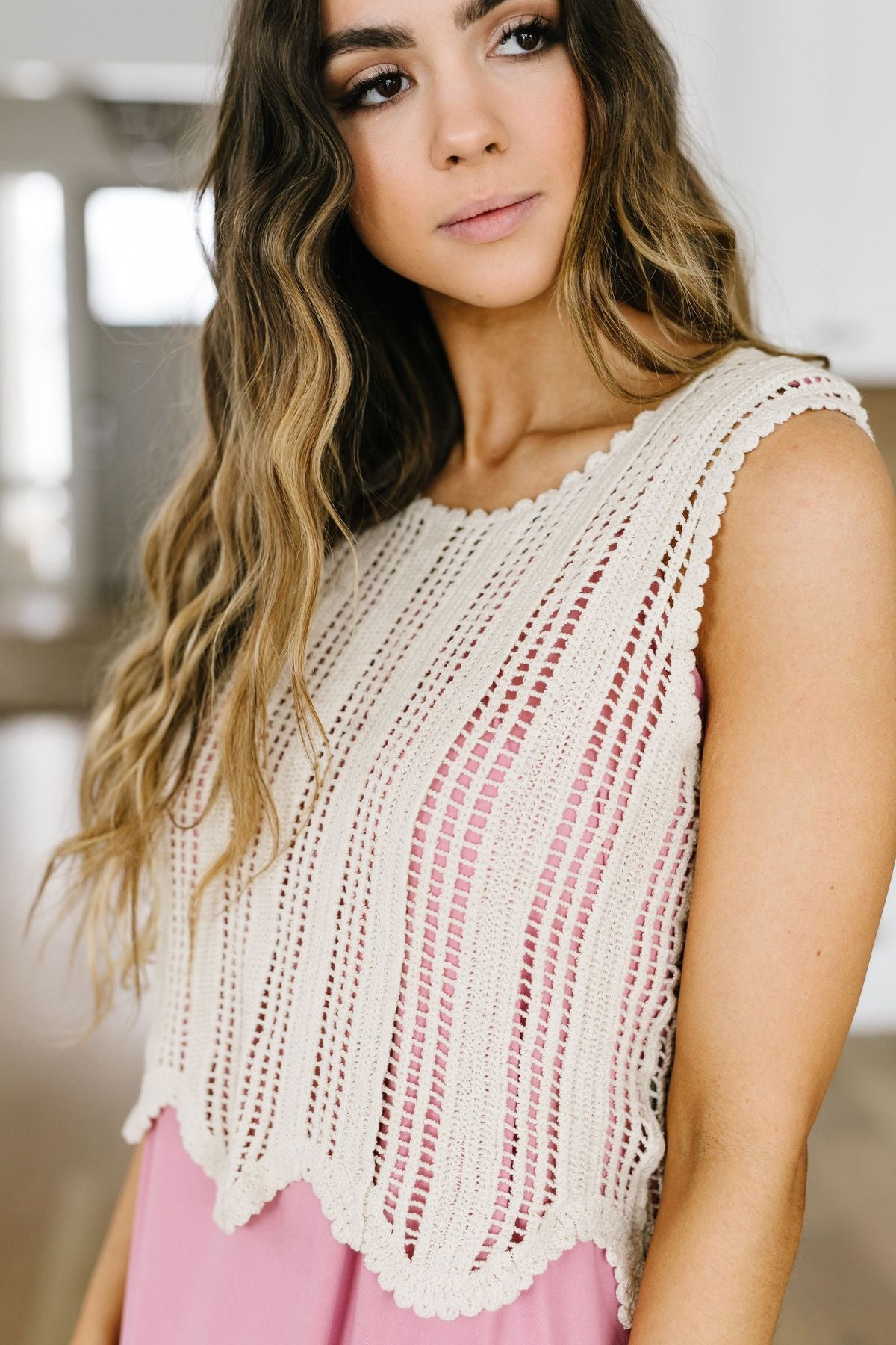 Sheer Scalloped Sweater in Ivory