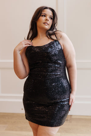 Dazzling Cowl Neck Sequin Dress in Black