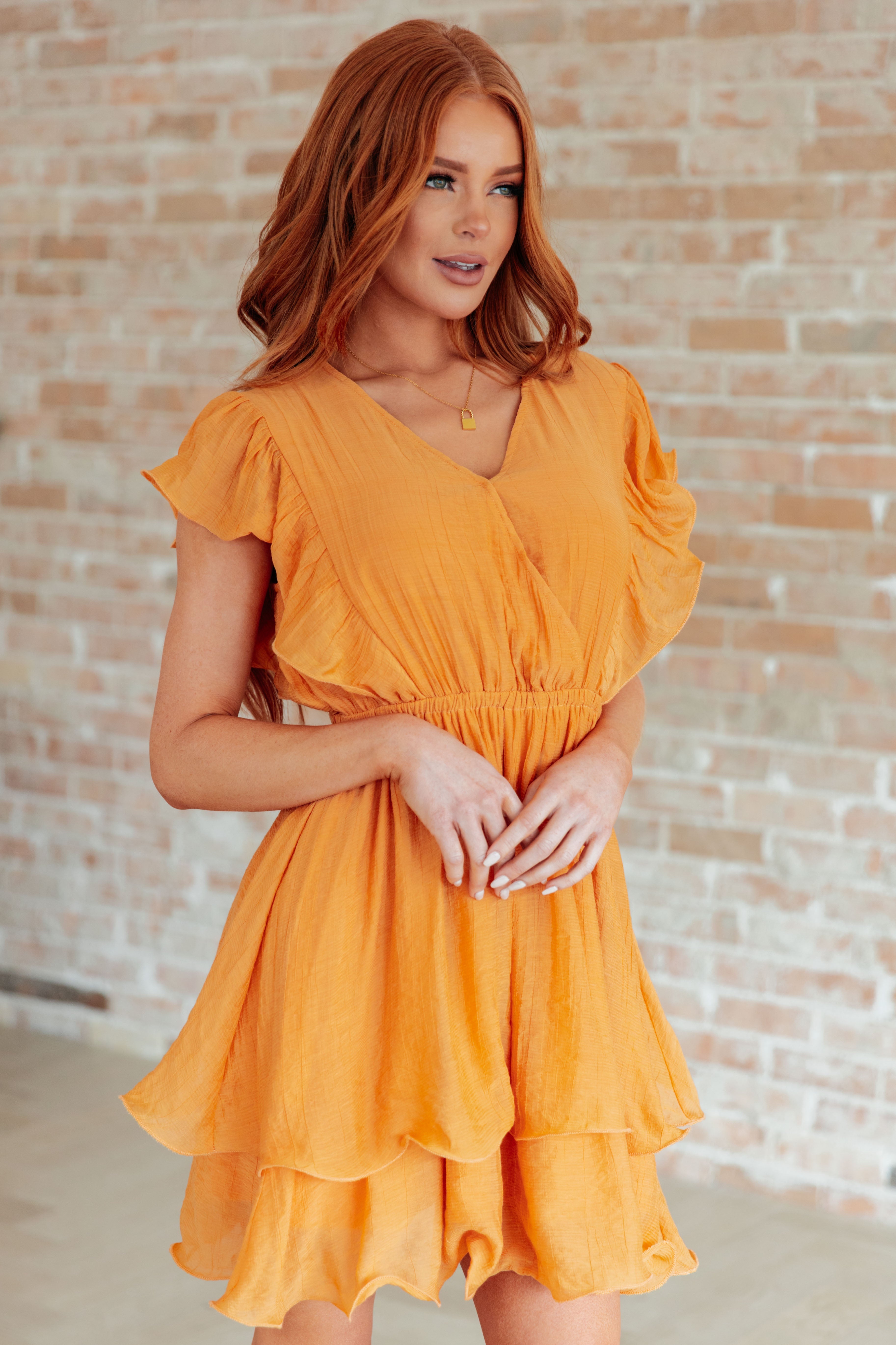 Flit & Flutter Sleeve Tiered Dress in Orange