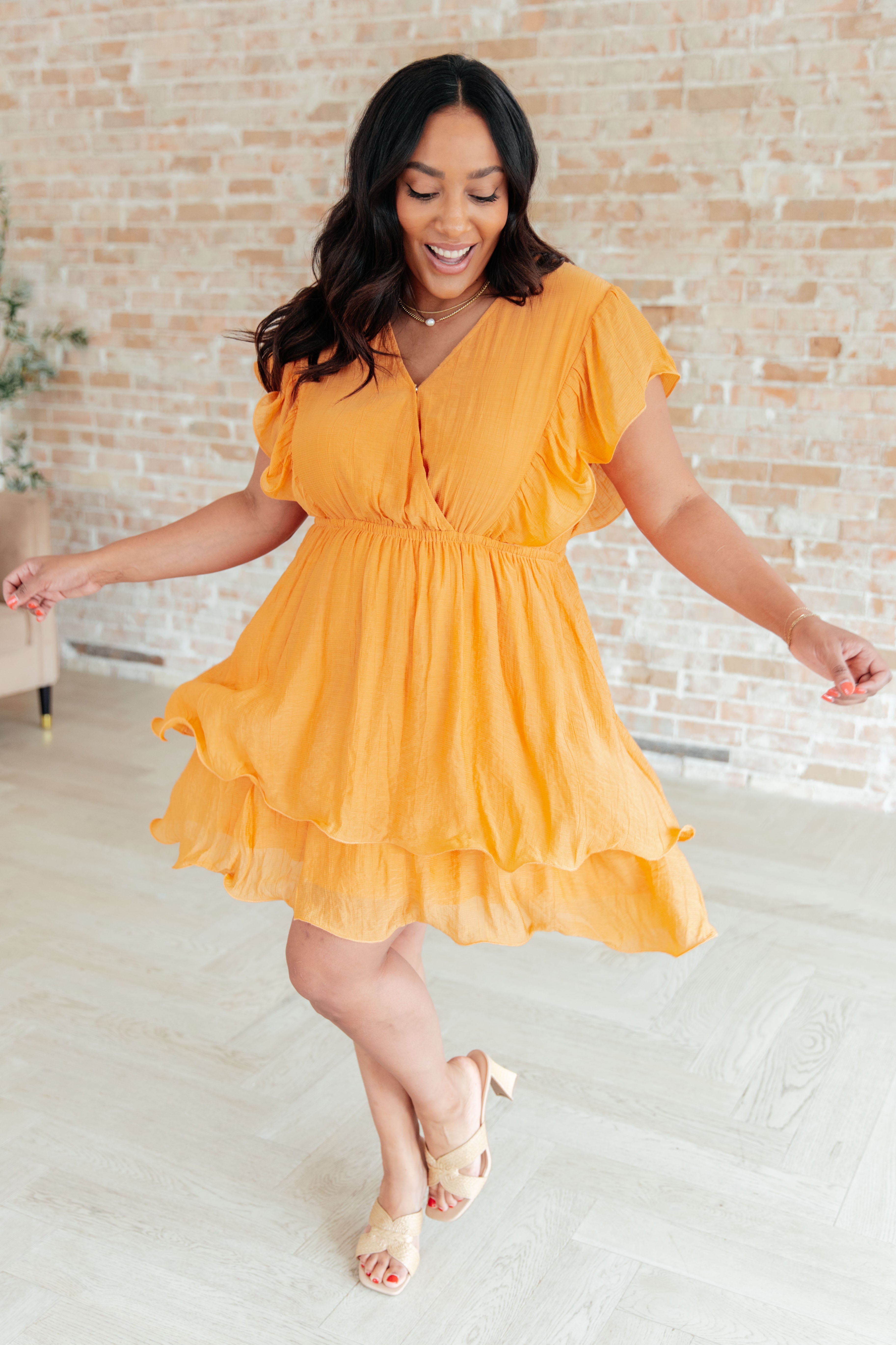 Flit & Flutter Sleeve Tiered Dress in Orange