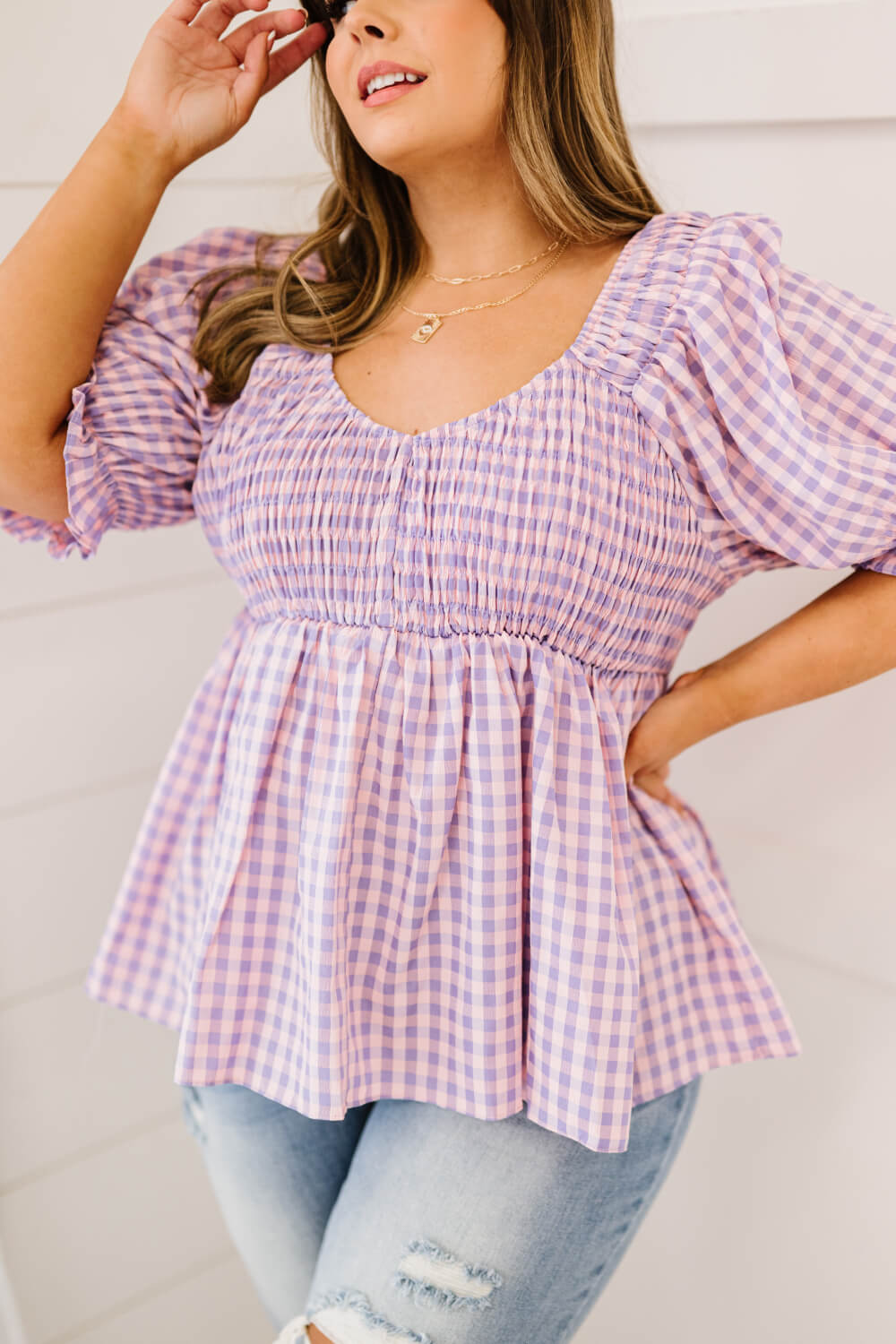 Fun At The Park Gingham Babydoll Top in Lavender Pink