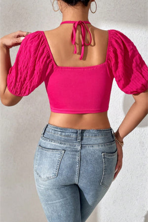 Xyla Cropped Puff Sleeve Blouse in Fuchsia
