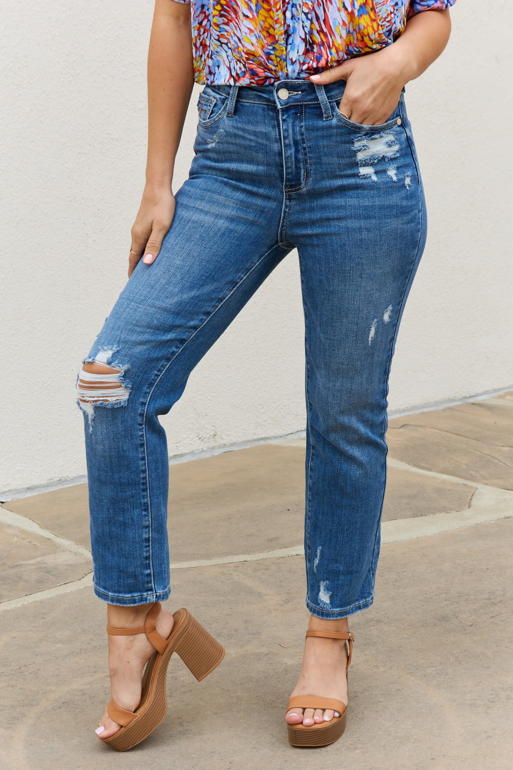 Theresa High Waisted Ankle Distressed Straight Jeans