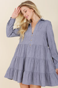 Cameron Corduroy Tiered Dress in Brick & Blue