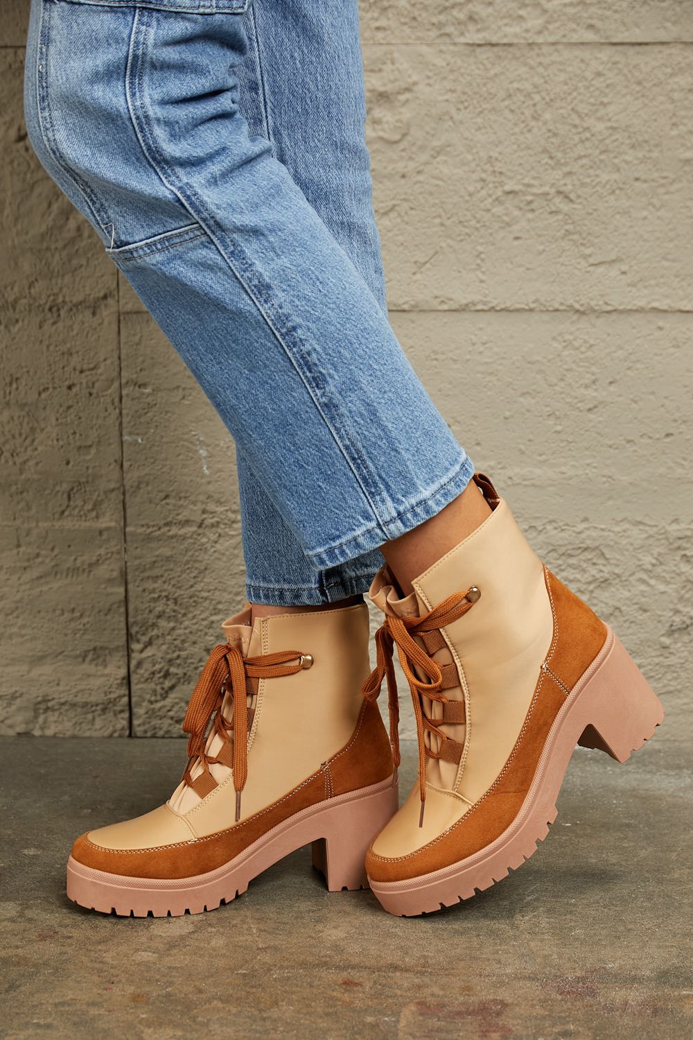 Stylin' Lace Up Lug Booties in Tan