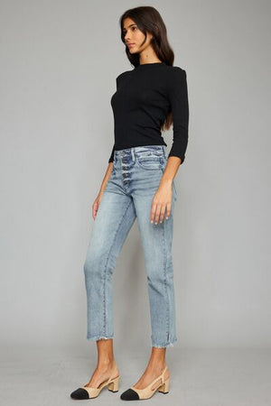 Elisa Button Fly Raw Hem Cropped Straight Jeans