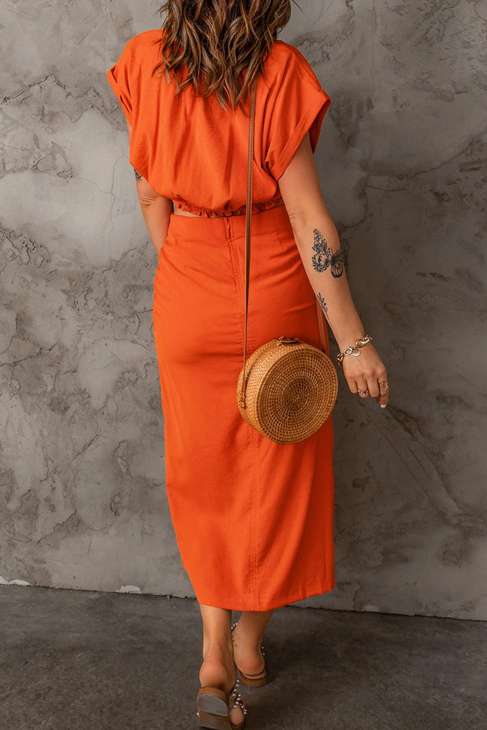 Blissful Moments Cropped Top and Skirt Set in Orange