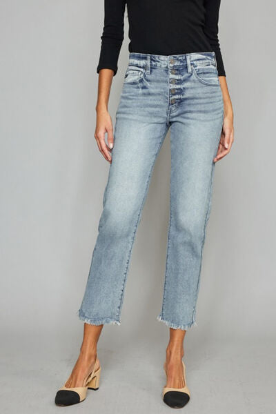 Elisa Button Fly Raw Hem Cropped Straight Jeans