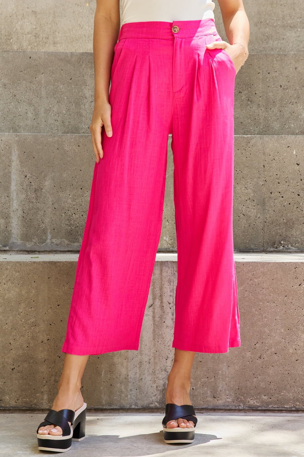 In The Mix Pleated Detail Linen Pants in Hot Pink
