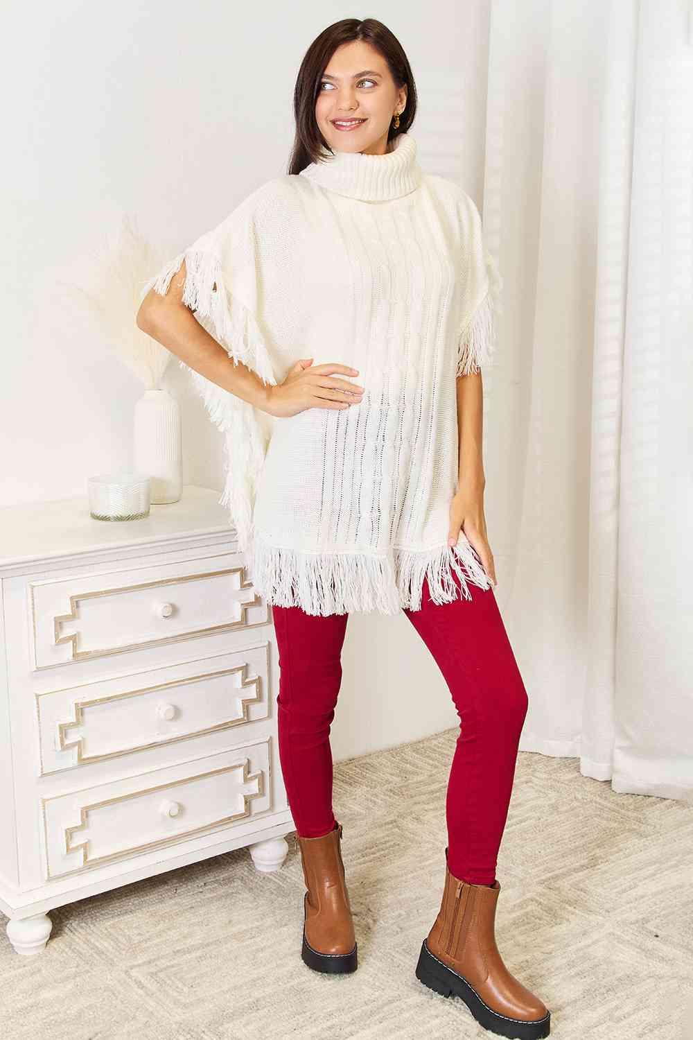 Hallie Turtle Neck Fringe Poncho in Ivory