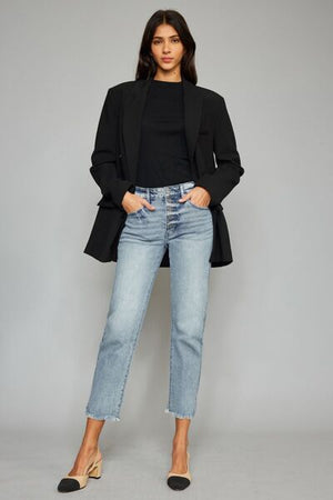 Elisa Button Fly Raw Hem Cropped Straight Jeans
