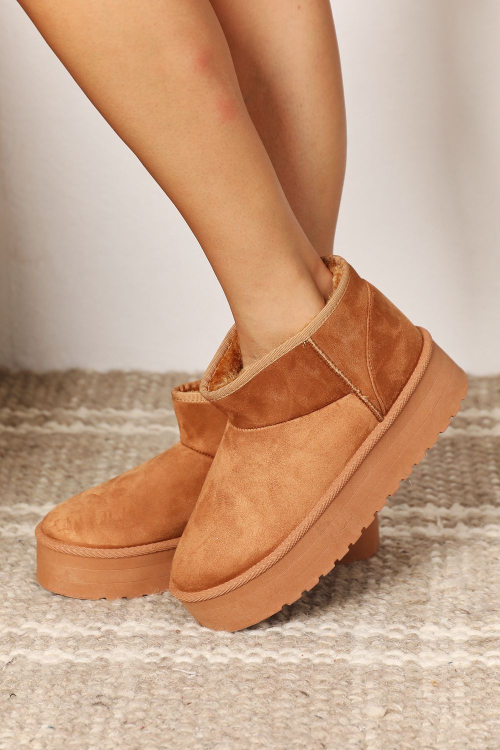 Fun Fleece Lined Chunky Platform Ankle Boots in Camel