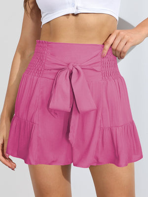 Zuri Smocked Tie-Front High-Rise Shorts in Forest, Fuchsia Pink, Sky Blue, & Navy
