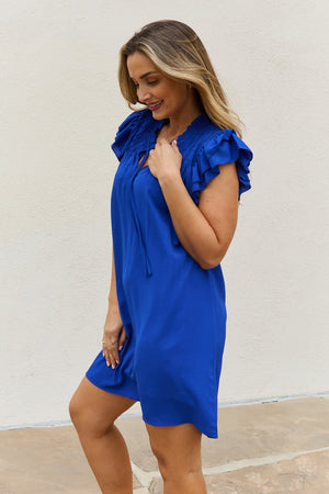 So Royal Blue Ruffle Sleeve Smocked Detail Mini Dress