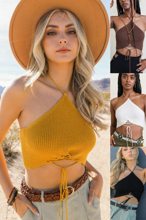 Lace Me Up Halter Knit Bralette in Mustard, Moccha, Ivory & Black