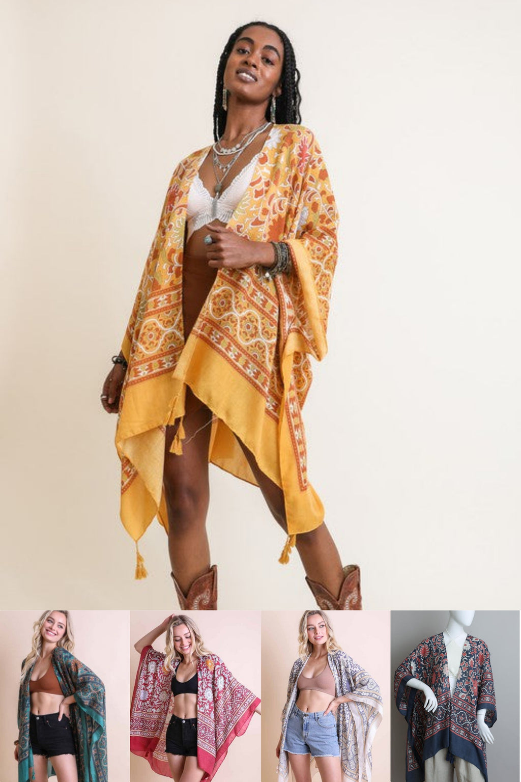 A Touch of Morocco Tassel Kimono in Mustard, Emerald, Red, Ivory & Blue