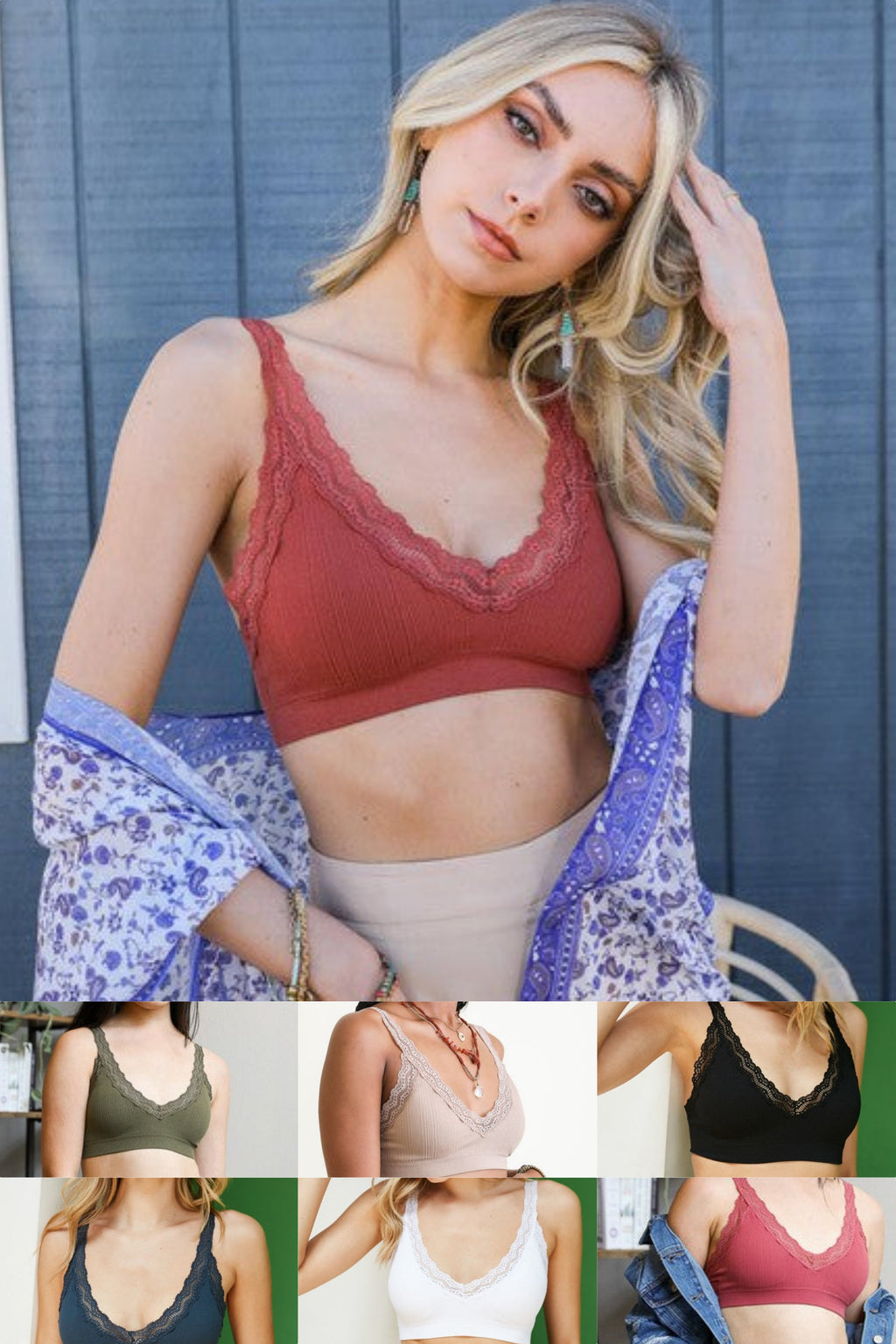 Lola Lace Trim Padded Bralette in Rust, Olive, Mocha, Black, Blue Grey, White & Mauve