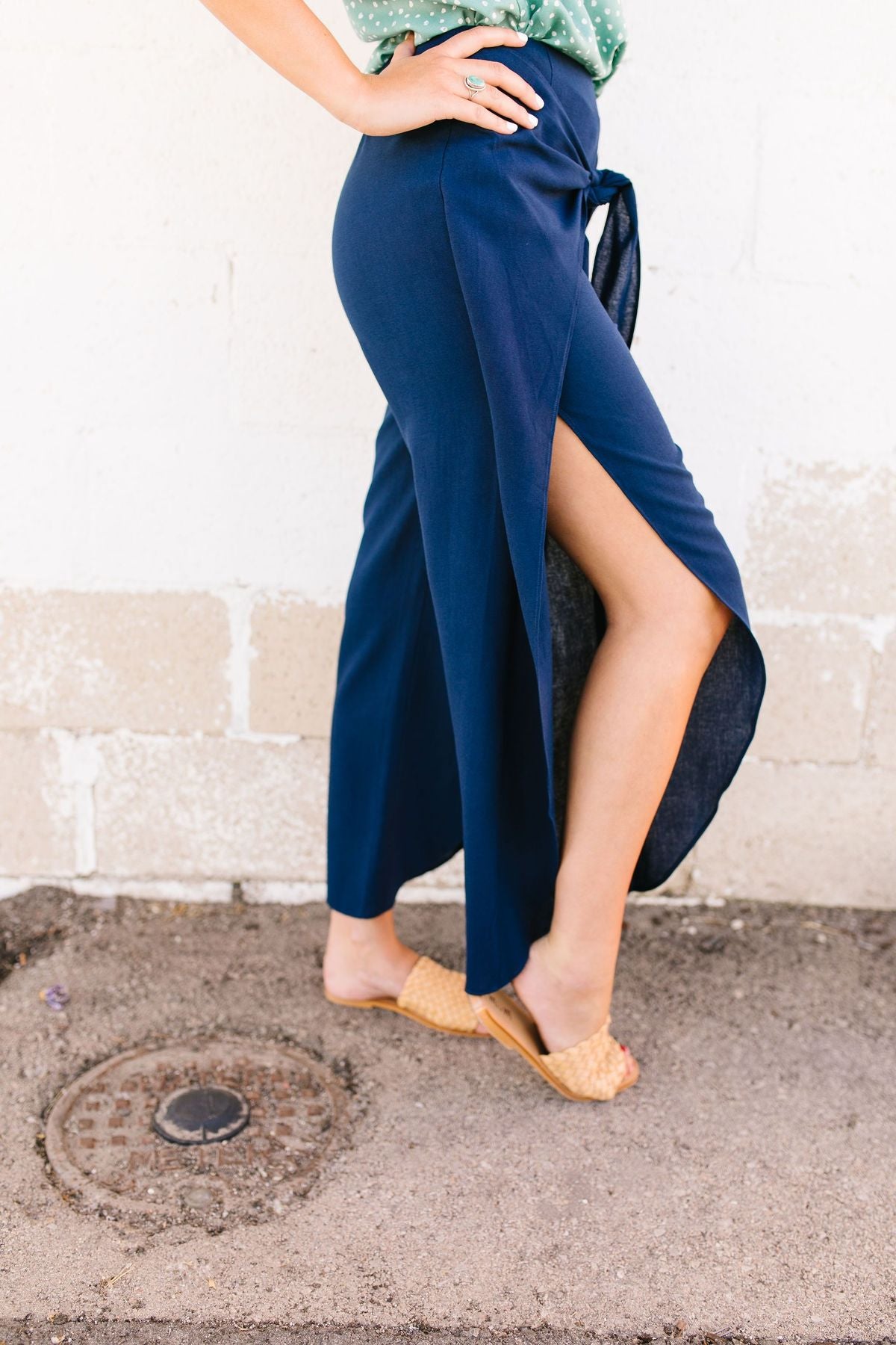 Wrap Fall Up Tie Front Pants in Navy